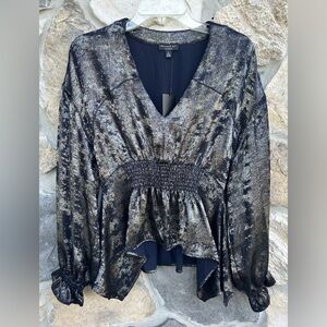 Current Air LA Blouse Size M Whimsigoth Dark Fairy Top Witchy Navy Metallic Blue